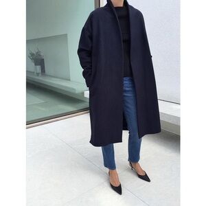 Toteme Chelsea Coat Navy Blue Wool S Belt Wrap Minimalist Shawl Straight Fit